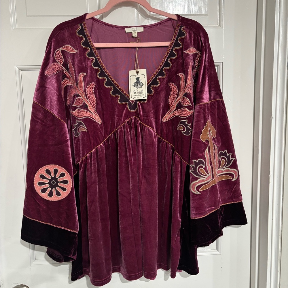 Easel Embroidered Velvet Tunic Top